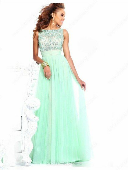 Sage Tulle with Beading Scoop Neck A-line Open Back Prom Dress #02015281