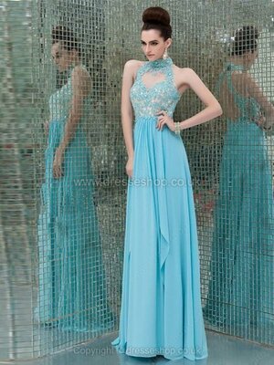 Floor-length Blue Chiffon Appliques Lace High Neck Open Back Prom Dresses #02015291