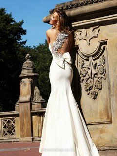 Ivory Trumpet/Mermaid Scoop Neck Satin with Beading Elegant Prom Dress #02015297