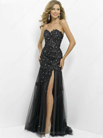 Sweetheart Split Front Tulle with Appliques Lace Black Newest Prom Dress #02015318
