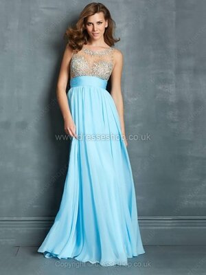Blue Chiffon Tulle with Beading Affordable Scoop Neck Open Back Prom Dresses #02015375