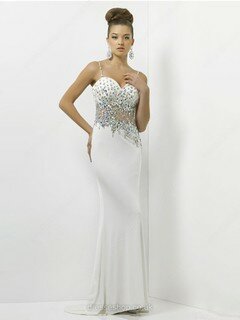 Sweep Train Ivory Silk-like Satin Beading Sweetheart Spaghetti Straps Prom Dress #02015381