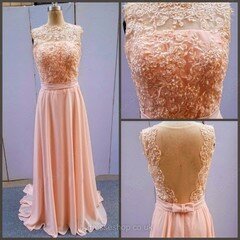 A-line Bateau Chiffon Floor-length Lace Prom Dresses #02014904
