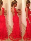 Trumpet/Mermaid V-neck Lace Sweep Train Appliques Prom Dresses #02014905