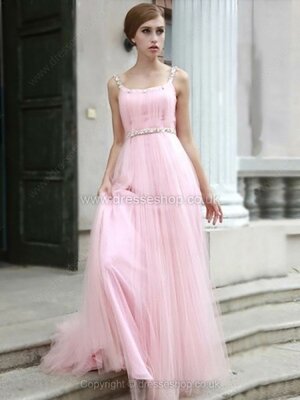 A-line Straps Tulle Floor-length Beading Prom Dresses #02014916