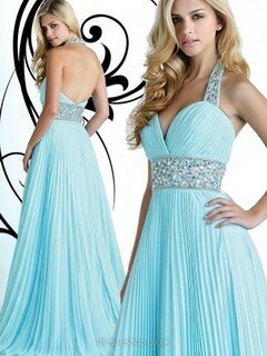 Halter Open Back Cheap Chiffon with Crystal Detailing Blue Prom Dress #02014948