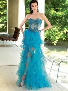 Blue Organza with Appliques Lace Sweetheart Sexy Asymmetrical Prom Dresses #02111343