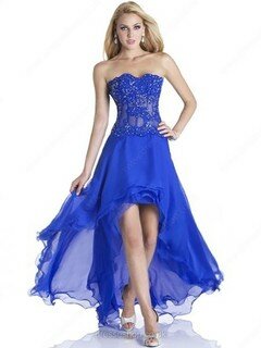 Royal Blue Asymmetrical Chiffon Tulle Beading Sweetheart High Low Prom Dress #02111344