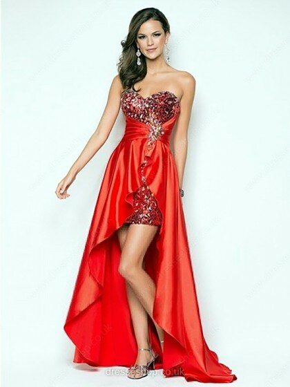 High Low Red Elastic Woven Satin Sweetheart Crystal Detailing Asymmetrical Prom Dress #02111354