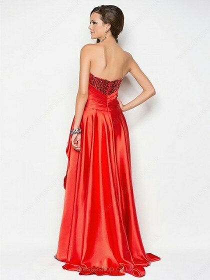 High Low Red Elastic Woven Satin Sweetheart Crystal Detailing Asymmetrical Prom Dress #02111354