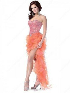 Perfect Sweetheart Organza Crystal Detailing Orange Asymmetrical Prom Dress #02111359