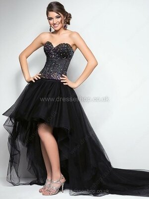 Asymmetrical Sweetheart Tulle Crystal Detailing Lace-up Black Prom Dress #02111360