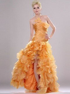Unique Orange Sheath/Column Tiered Organza Strapless Prom Dresses #02015065