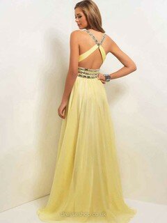 A-line V-neck Chiffon Floor-length Sleeveless Rhinestone Prom Dresses#02011708