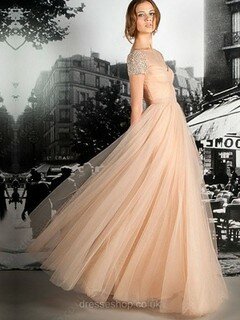Beautiful Champagne Tulle with Beading A-line Short Sleeve Prom Dress #02013593