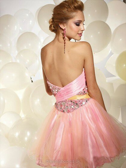 Cute Sweetheart Pink Tulle with Beading Backless Short/Mini Prom Dresses #02111398