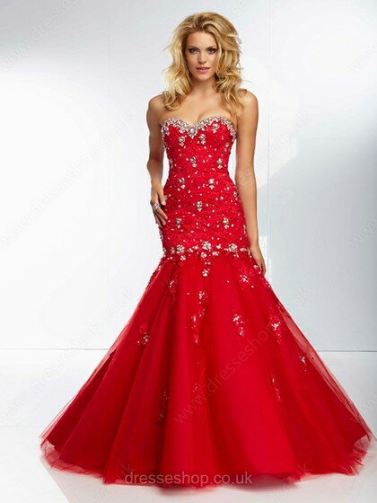 Trumpet/Mermaid Red Tulle with Crystal Detailing Best Sweetheart Prom Dresses #02014209