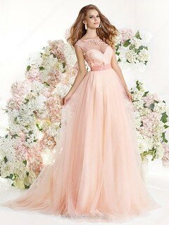 Scoop Neck Pink Tulle Sashes/Ribbons A-line Modest Prom Dress #02015031