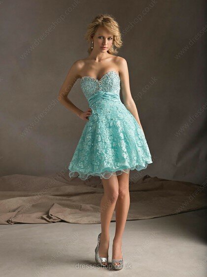 Discounted Blue Lace with Beading Sweetheart Short/Mini Prom Dress #02042339