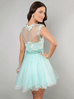 Scoop Neck Light Sky Blue Tulle Appliques Lace Cap Straps Short/Mini Online Prom Dress #02042343