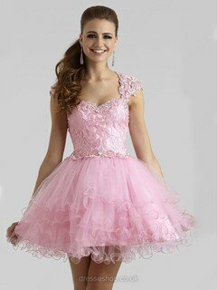 V-neck Pink Lace Tulle Cap Straps Beading Short/Mini Prom Dresses #02042344