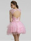 V-neck Pink Lace Tulle Cap Straps Beading Short/Mini Prom Dresses #02042344