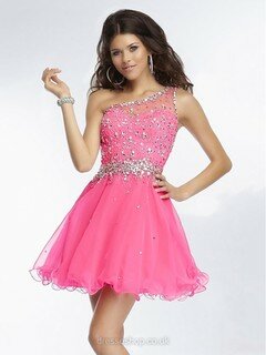 Pink One Shoulder Tulle Beading Short/Mini Hot Prom Dresses #02042347