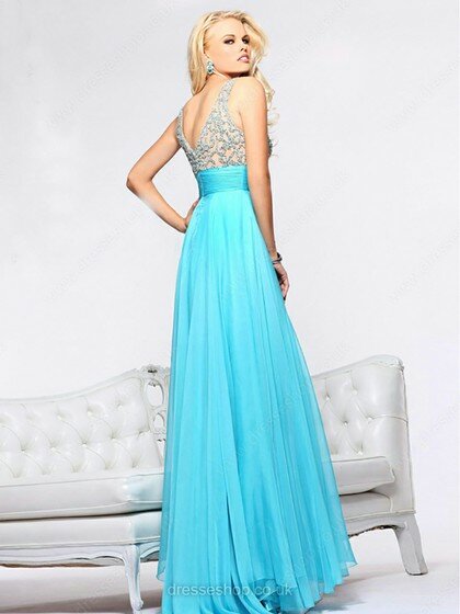 A-line V-neck Chiffon Beading Straps Blue Prom Dress #02015038