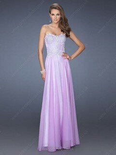 Modest Chiffon Floor-length Appliques Lace Sweetheart Lavender Prom Dress #02014240
