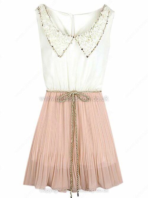 White Pink Sleeveless Peter Pan Neckline Pleated Chiffon Dress for HPL #100000214021905794