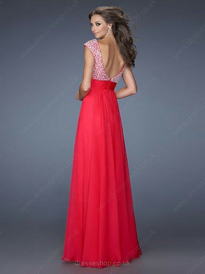 Nice Open Back Cap Straps Floor-length Chiffon with Beading Red Prom Dress #02014252