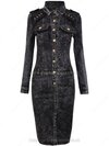 Black Contrast Leather Rivet Split Denim Dress for HPL