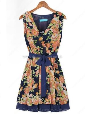 Blue Sleeveless Floral Bandeau Belt Pleated Dress for HPL #100000514022206080