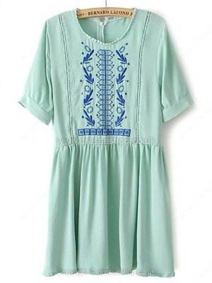 Green Short Sleeve Embroidery Zipper Chiffon Dress for HPL #100000514022206089