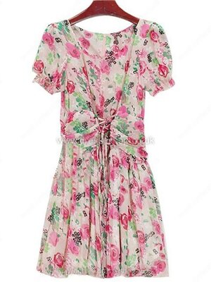 Beige Short Sleeve Bandeau Floral Chiffon Dress for HPL #100000514022206093