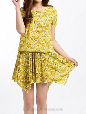 Yellow Short Sleeve Floral Pleated Chiffon Dress for HPL #100000514022206103