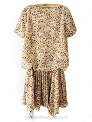 Beige Short Sleeve Floral Pleated Chiffon Dress for HPL #100000514022206104