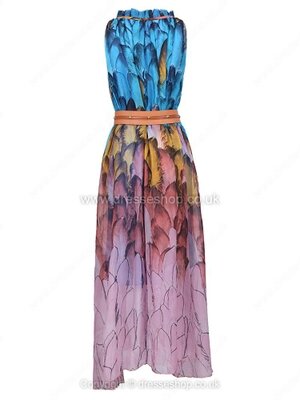 Blue Sleeveless Feather Print Belt Chiffon Dress for HPL #100000514022206106