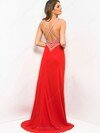 V-neck Spaghetti Straps Red Chiffon Beading Sweep Train Prom Dresses #02021881