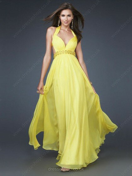 Unique Backless V-neck Chiffon with Beading Floor-length Daffodil Prom Dress #02021891