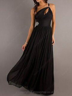 Black One Shoulder Chiffon with Crystal Brooch Promotion Prom Dresses #02014549