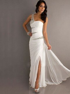 Unique Split Front White Chiffon Sheath/Column One Shoulder Prom Dresses #02014727