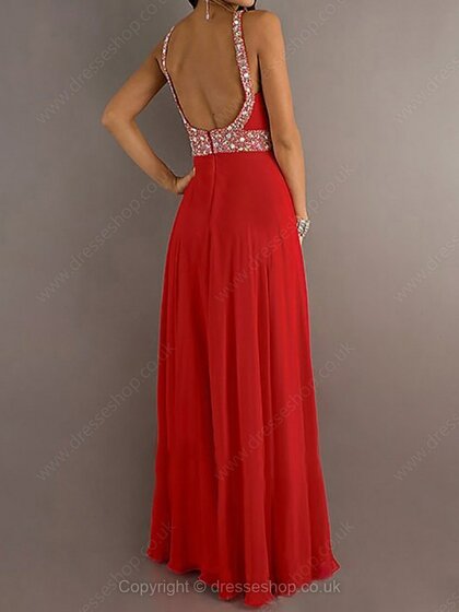 V-neck Chiffon with Beading Empire Open Back Red Prom Dress #02014778