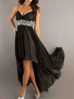 V-neck Black Chiffon with Expensive Crystal Detailing Asymmetrical Prom Dresses #02111319