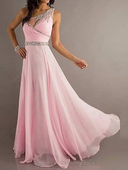 A-line Chiffon Beading Pink Different One Shoulder Prom Dress #02014906