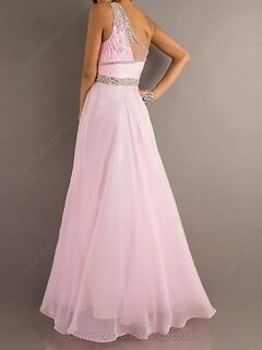 A-line One Shoulder Chiffon Floor-length Beading Prom Dresses #02014906