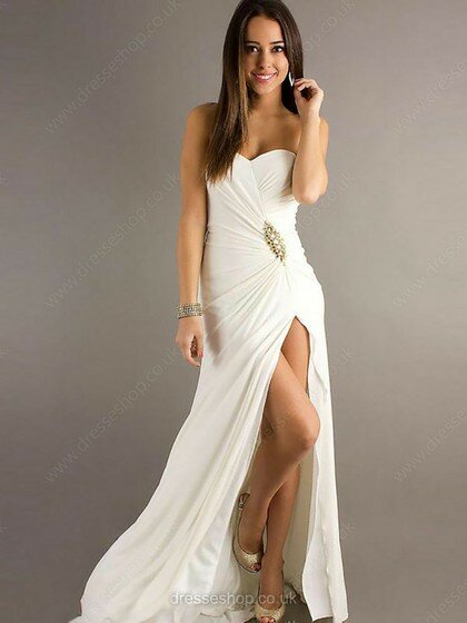 White Sheath/Column Chiffon Sweetheart Split Front Discount Prom Dresses #02015072