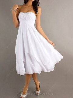 A-line Strapless Chiffon Tea-length Ruched Party Dresses #02111378
