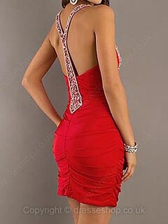 Fashion Elastic Woven Satin Beading Sheath/Column Red Short/Mini Prom Dress #02042104