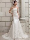 Trumpet/Mermaid Strapless Tulle Satin Court Train Flower(s) Wedding Dresses #00020414